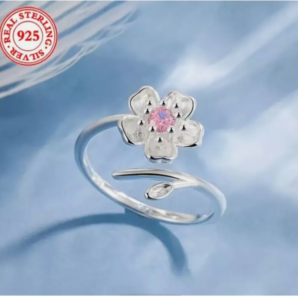 NEW-925 Silver Cherry Blossom Flower Wrap Ring Elegant Adjustable Finger Ring